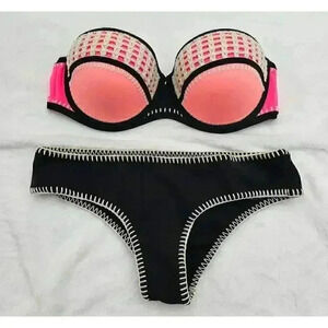Victoria's Secret Women's Size S/34D Pink and Black Strapless Knit Detail Bikini